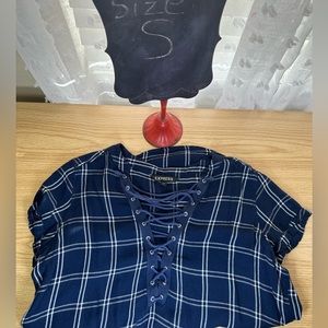 Express sleeves/lace up v-neck size Small color navy blue with white